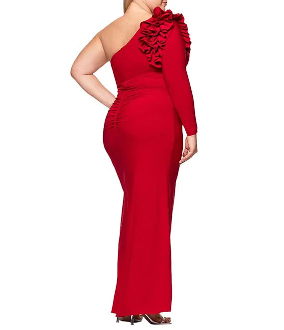 XSCAPE Plus Size Asymmetrical Ruffle Shoulder Long Sleeve Sheath Dress RED 14