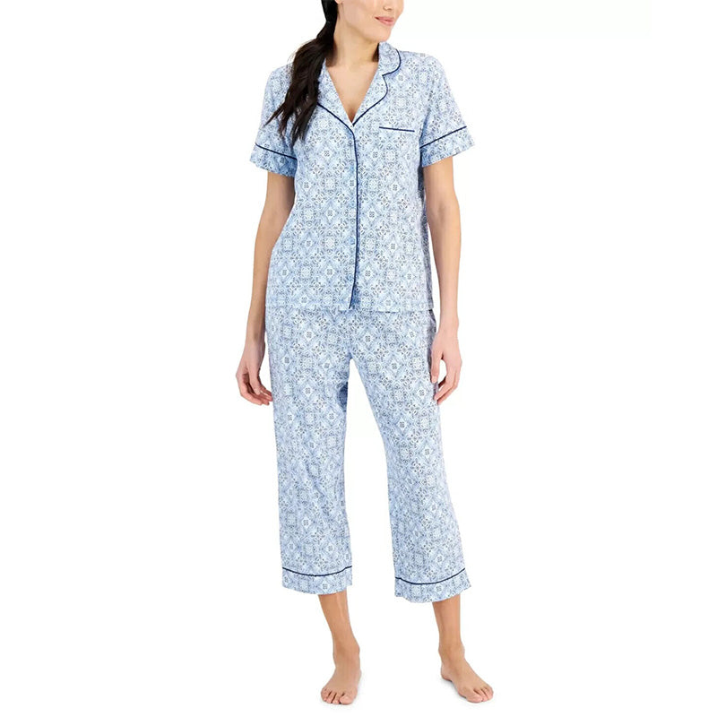 Charter Club Printed Notch Collar Cropped Only Pajama Top Blue M