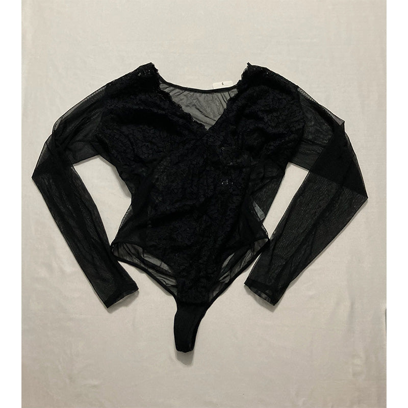 Unbranded Long Sleeve Lace Bodysuit Black L