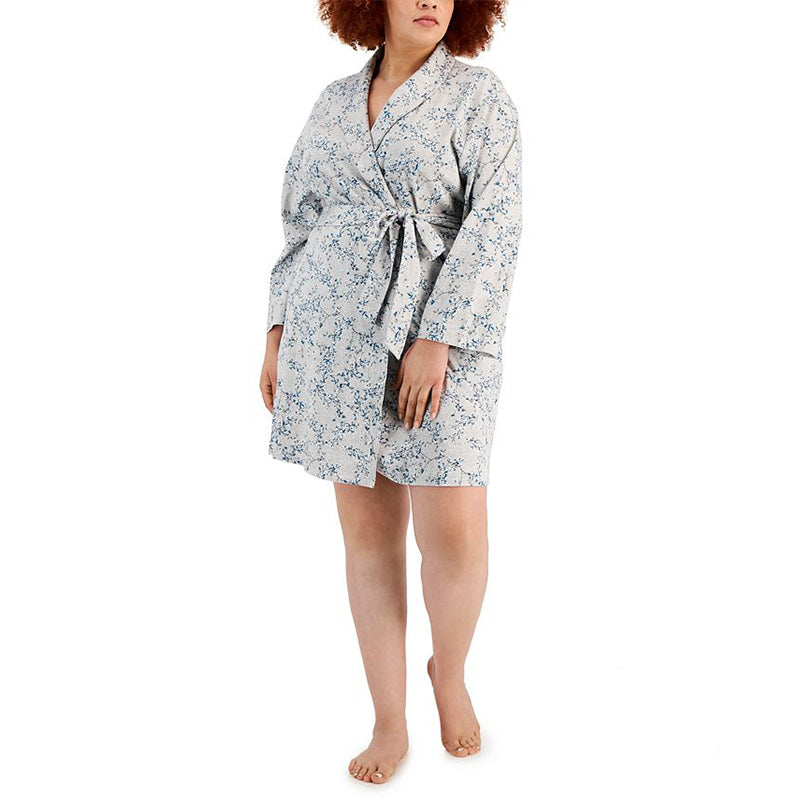 NWD Charter Club Printed Short Cotton Wrap Robe Grey Floral S