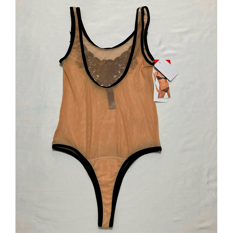 NWD Sexy Lingerie Mesh and applique teddy Nude/Black One Size