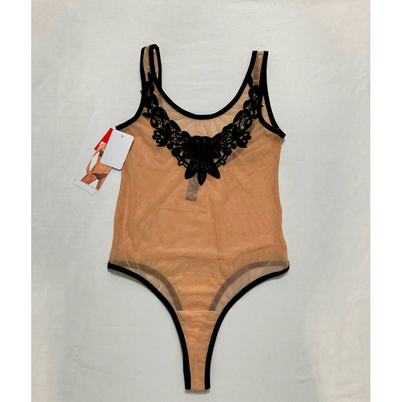 NWD Sexy Lingerie Mesh and applique teddy Nude/Black One Size