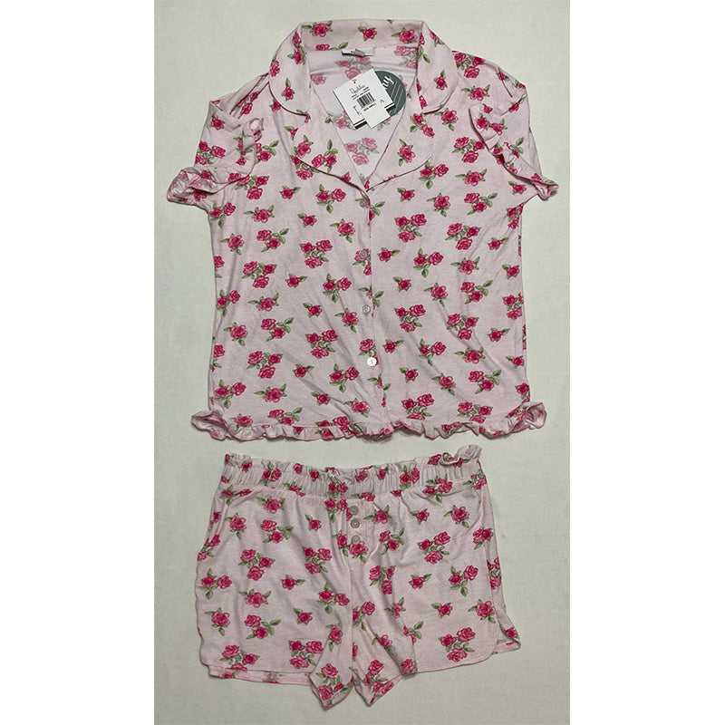 Roudelain Yummy Ruffle-Trim Notch Collar Pajama Set Roses S
