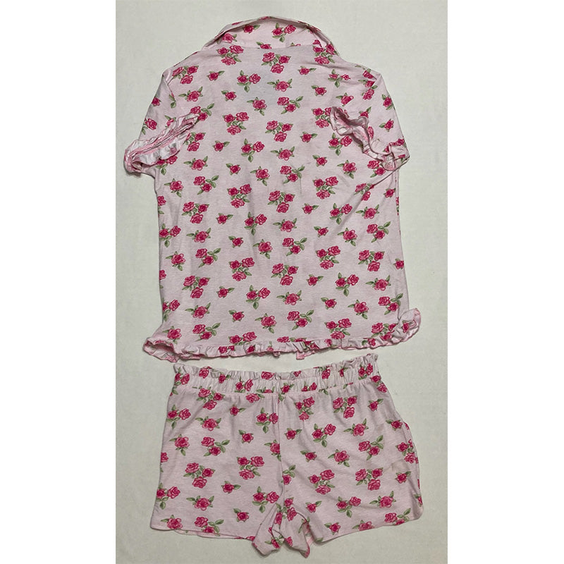 Roudelain Yummy Ruffle-Trim Notch Collar Pajama Set Roses S