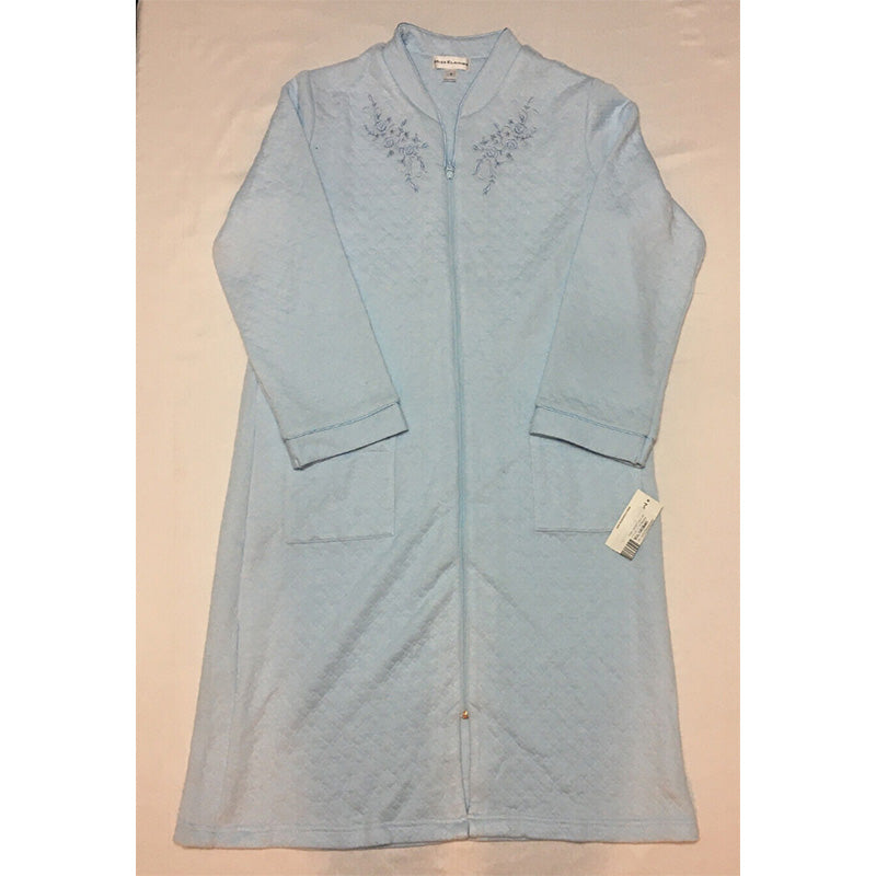 Miss Elaine Embroidery-Trim Quilted Zip-Up Robe Blue S