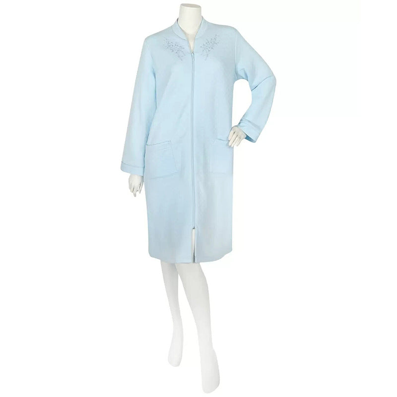 Miss Elaine Embroidery-Trim Quilted Zip-Up Robe Blue S