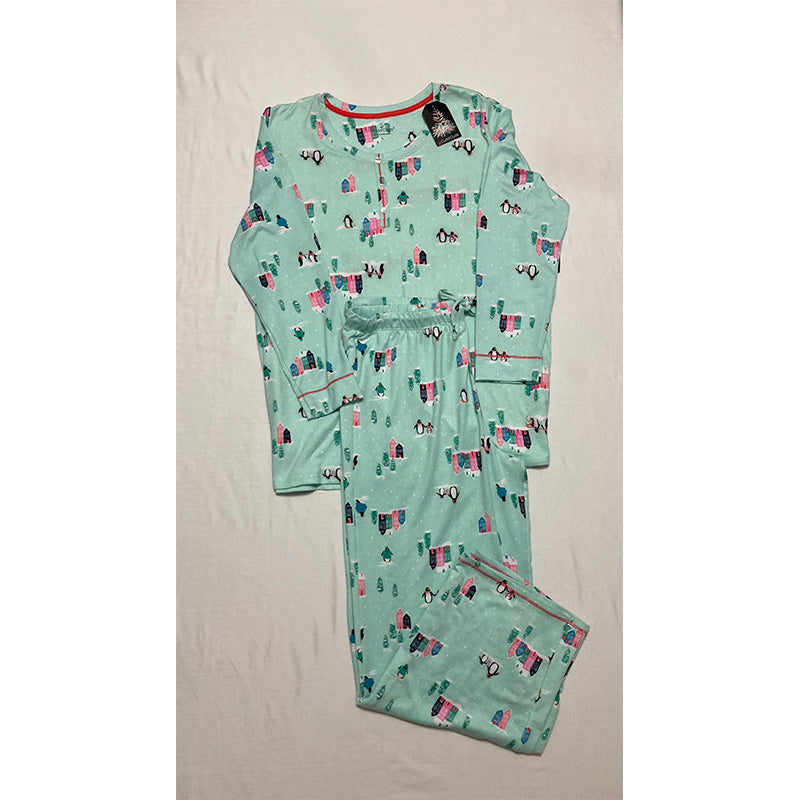 Brushed Sweater Knit Long Sleeve Henley Top 2-Pc Pajama Set L