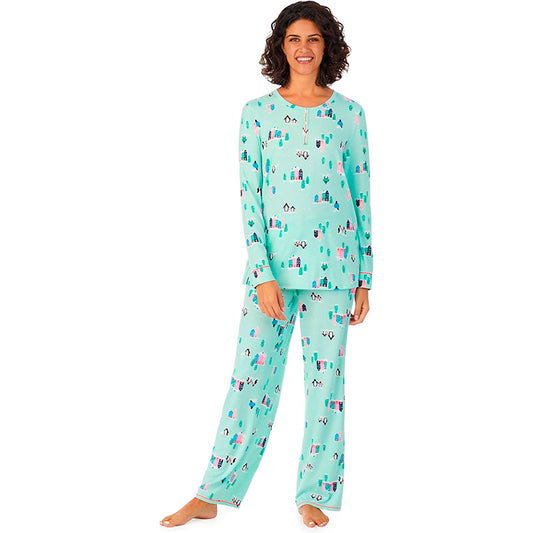 Brushed Sweater Knit Long Sleeve Henley Top 2-Pc Pajama Set L