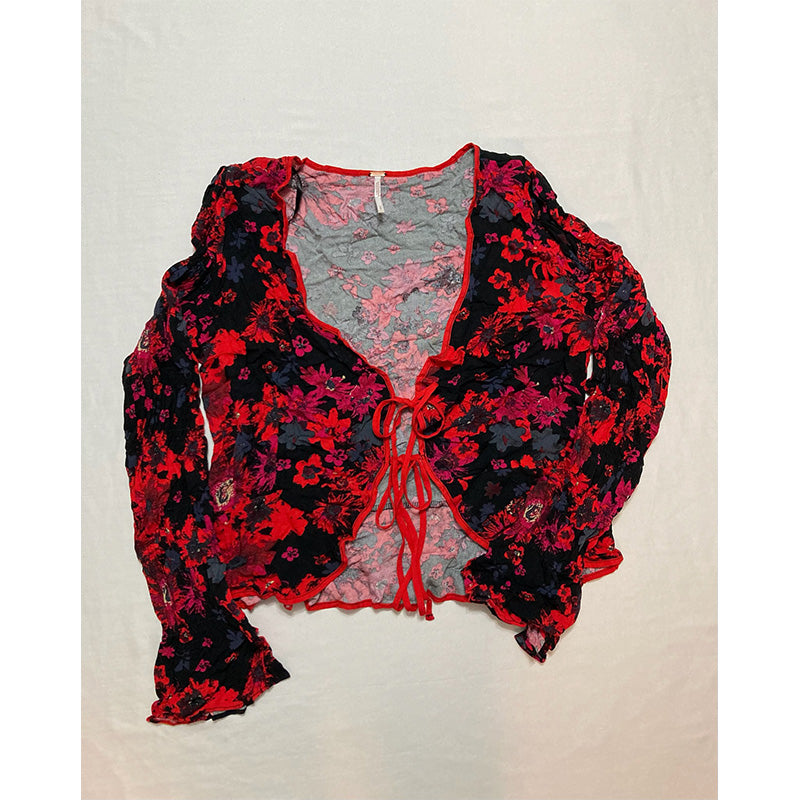 Free People Venice Top Front Tie Long Bell Sleeves V-Neck Night Red S