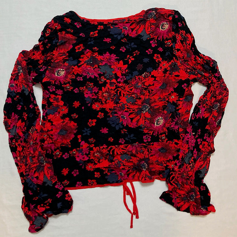 Free People Venice Top Front Tie Long Bell Sleeves V-Neck Night Red S
