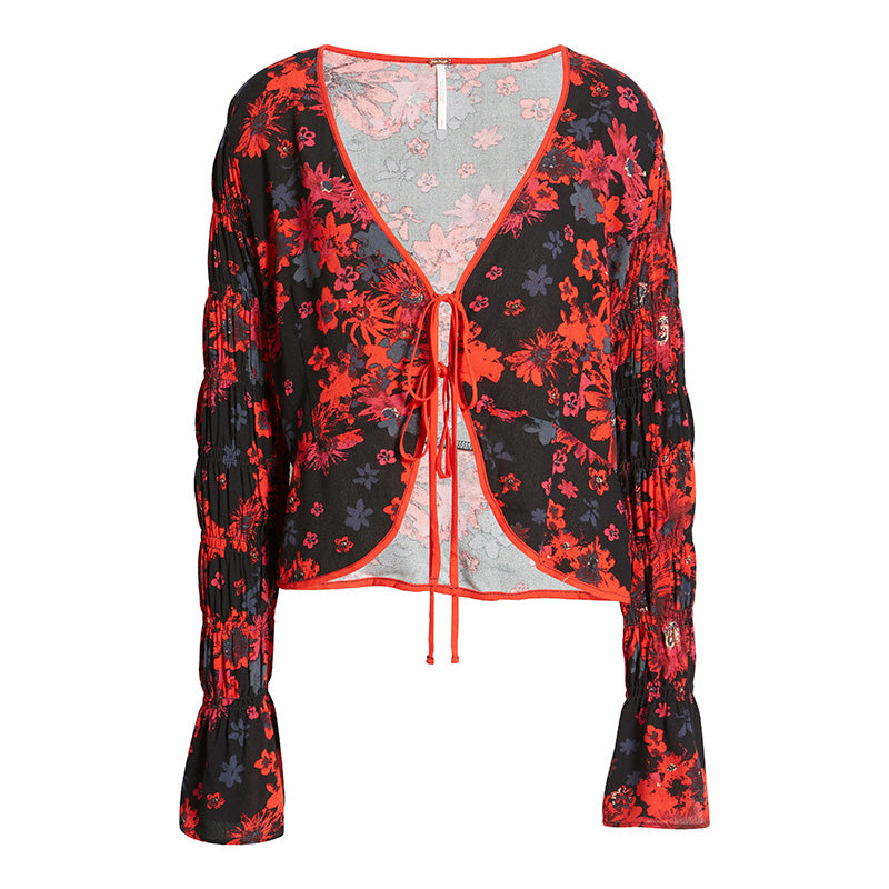 Free People Venice Top Front Tie Long Bell Sleeves V-Neck Night Red S