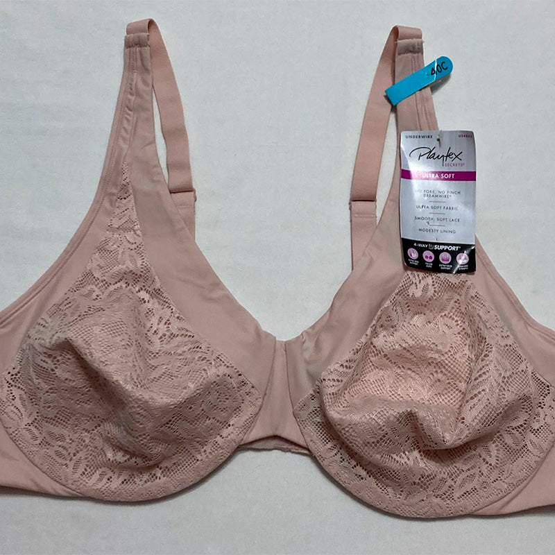 Playtex Dreamwire Ultra-Soft No-Poke Smooth Lace 4-Way Support Bra Sandshell 40C