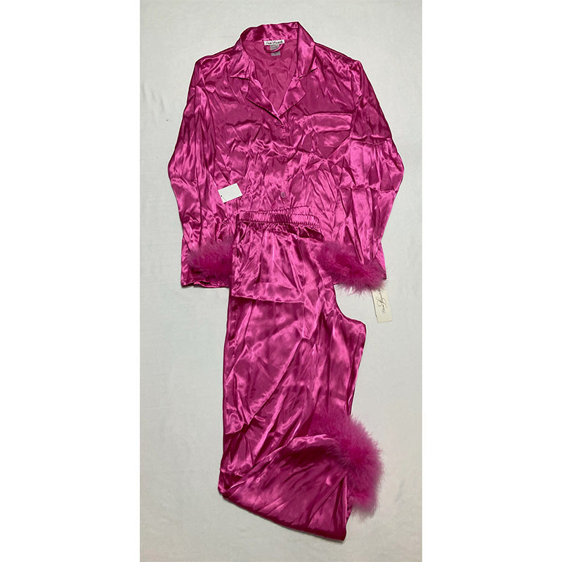 Linea Donatella Marabou Feather Satin Pajama Set Rose Chaud L