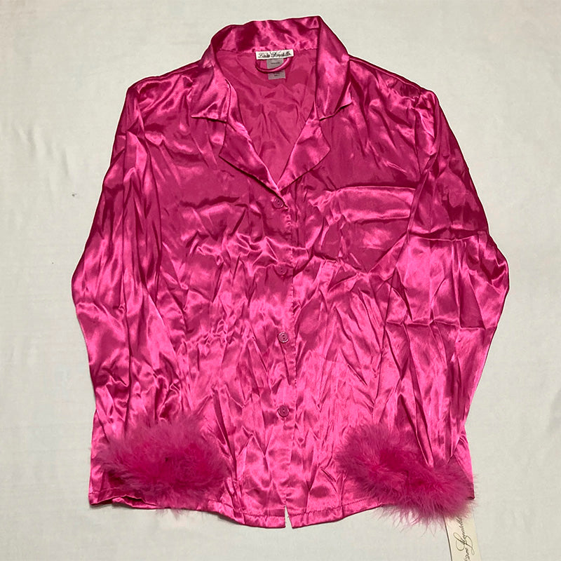 Linea Donatella Marabou Feather Satin Pajama Set Rose Chaud L