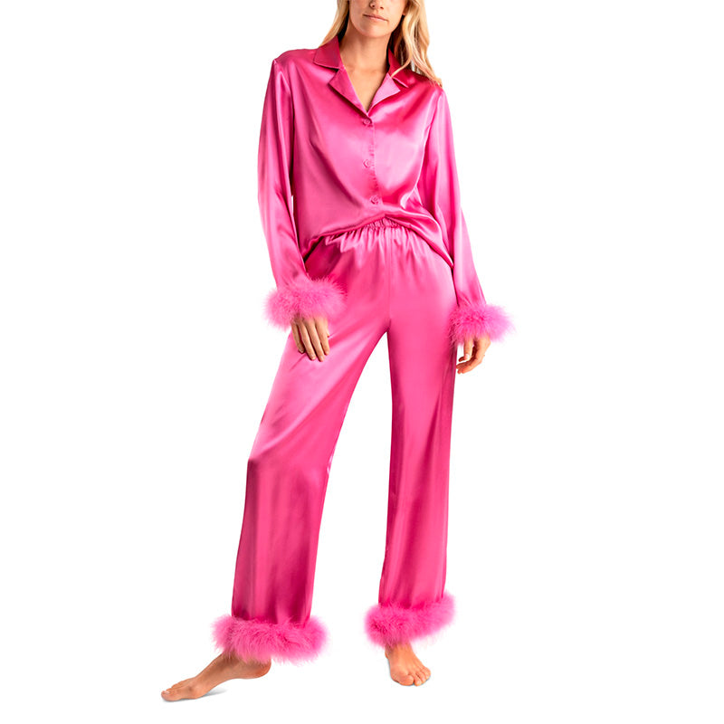 Linea Donatella Marabou Feather Satin Pajama Set Rose Chaud L