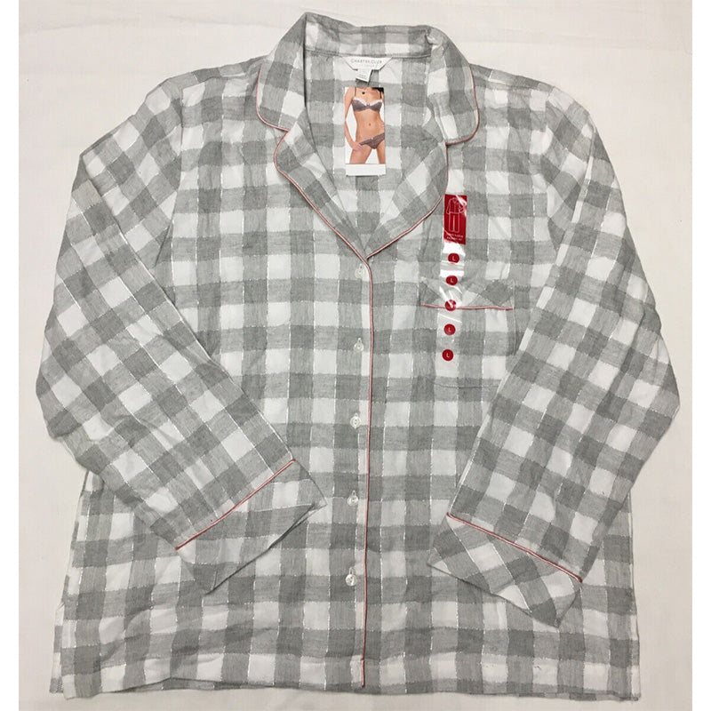 Charter Club Printed Cotton Flannel Only Pajama Top Gray M