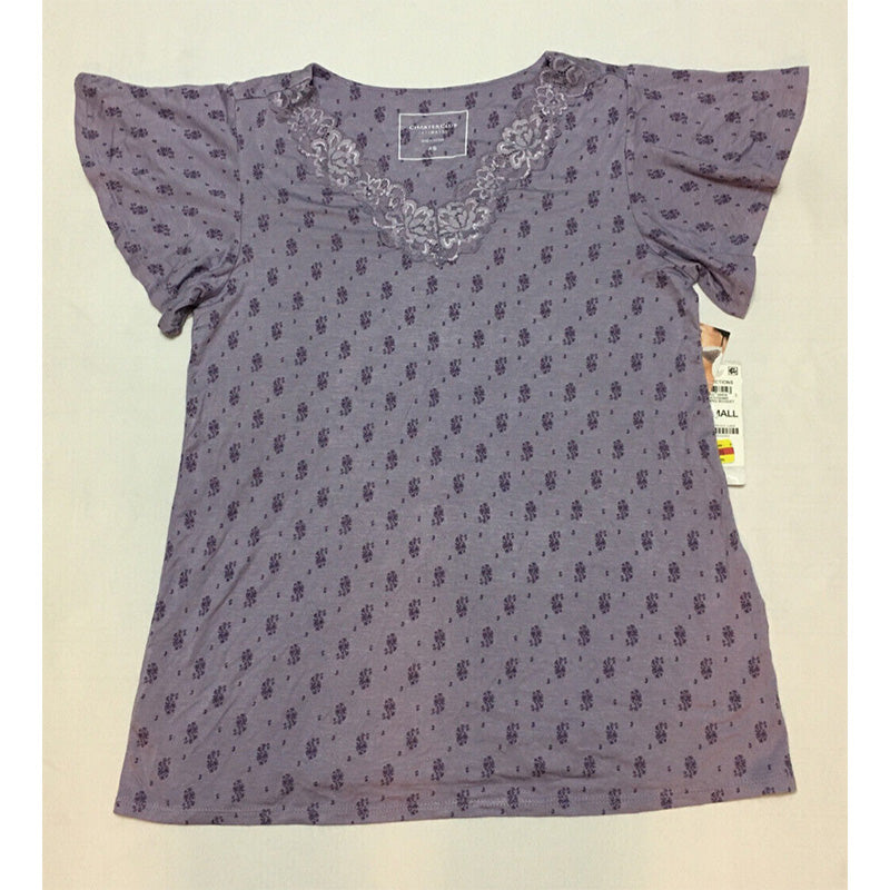 Charter Club Lace-Trim Printed Only Pajama Top Purple XS