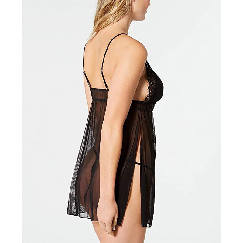 Flora Nikrooz Raven Lace-Trimmed V-Neck Babydoll with G-String Black S
