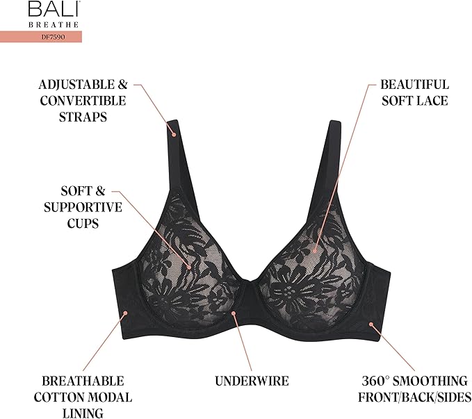BALI Breathe Lace Underwire Bra Breathable 2-Ply Modal Bra BEIGE 38D