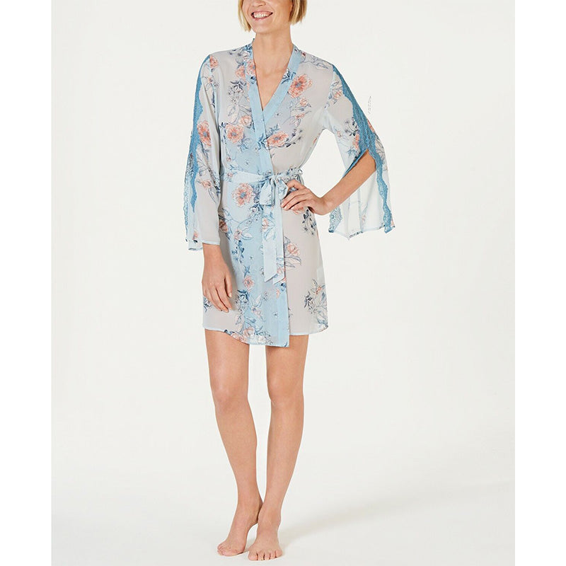 INC Printed Lace-Trim Chiffon Wrap Robe, Cool Breeze Floral XL