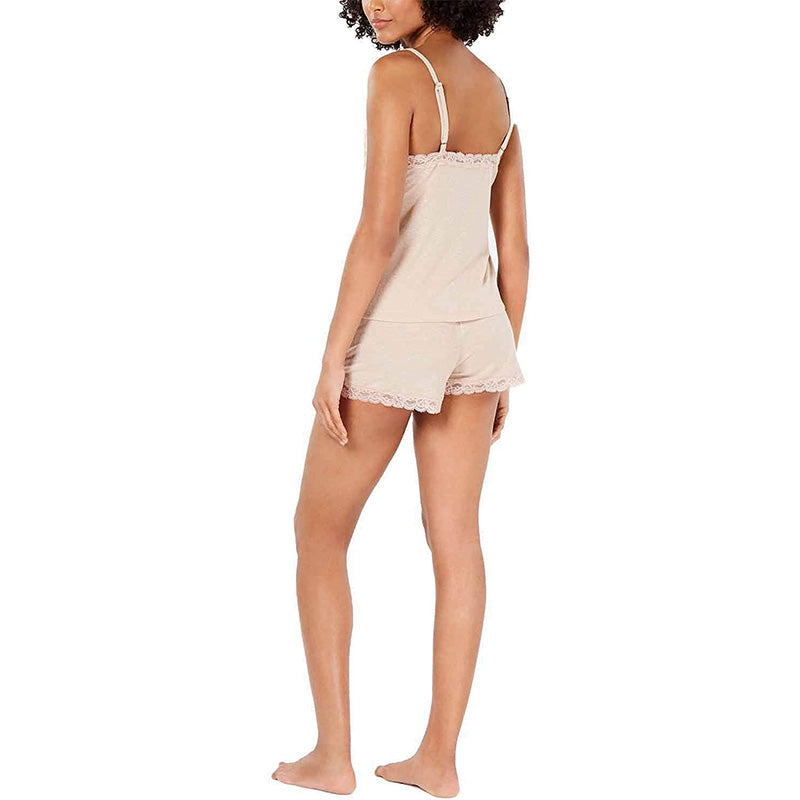 INC International Concepts Lace-Trim Sparkle 2 Piece Pajama Set Cashew Butter L