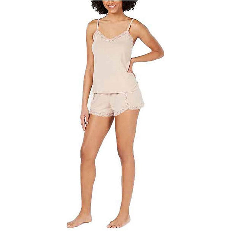 INC International Concepts Lace-Trim Sparkle 2 Piece Pajama Set Cashew Butter L