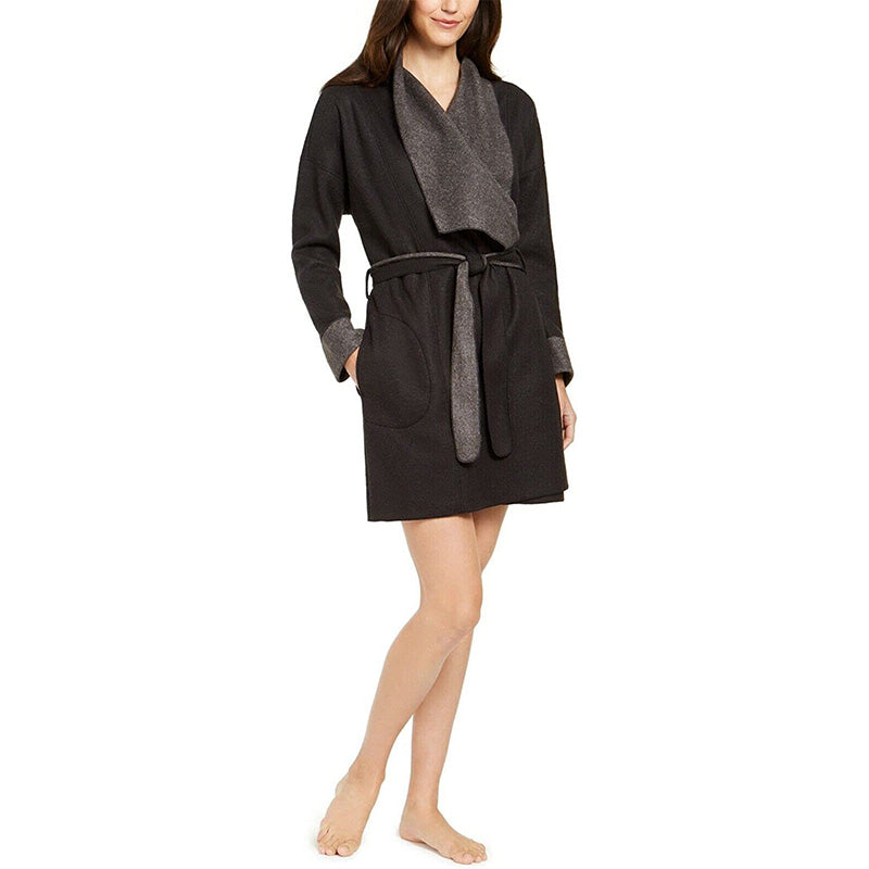 Alfani Womens Heathered Cozy Wrap Robe Black XL