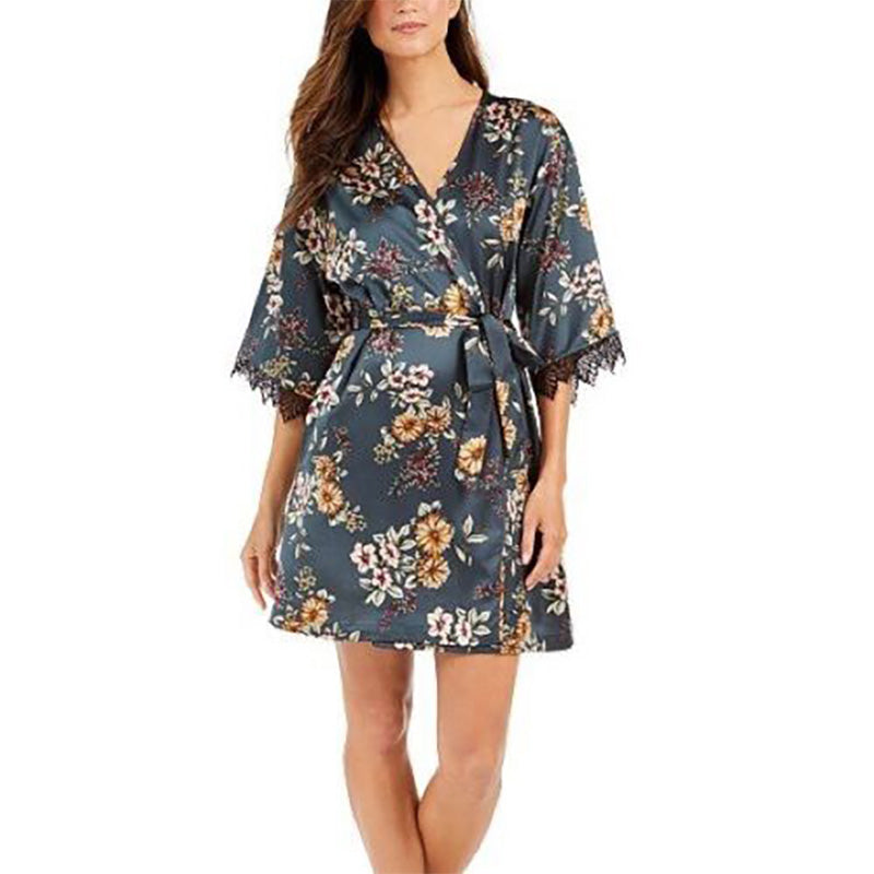 INC Short Lace-Trim Wrap Robe floral print XS