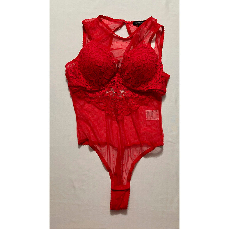 INC Cupped Swiss Dot Lingerie Thong Bodysuit Red L