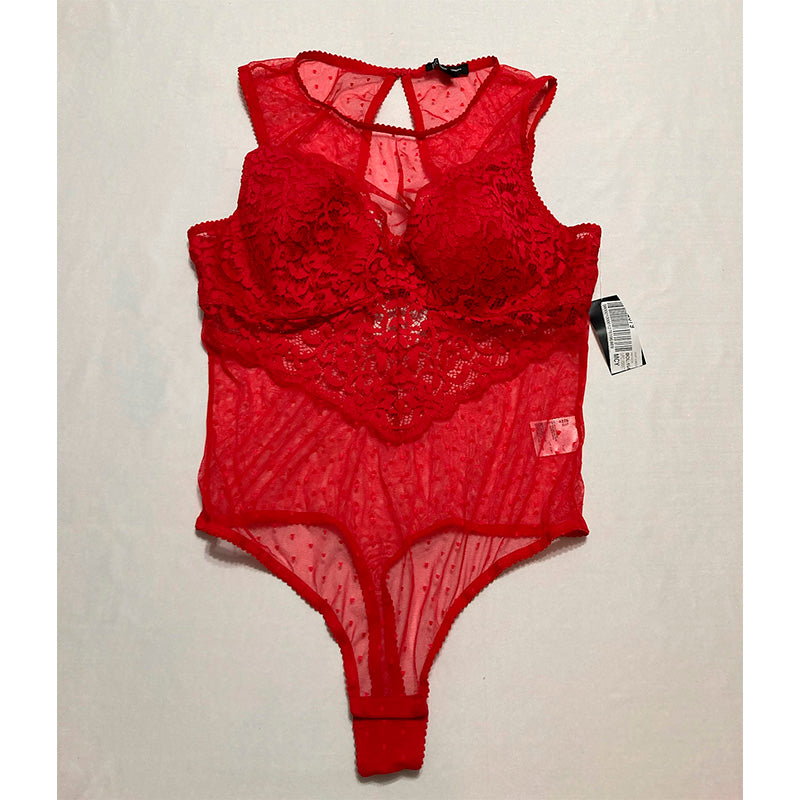 INC Cupped Swiss Dot Lingerie Thong Bodysuit Red XL