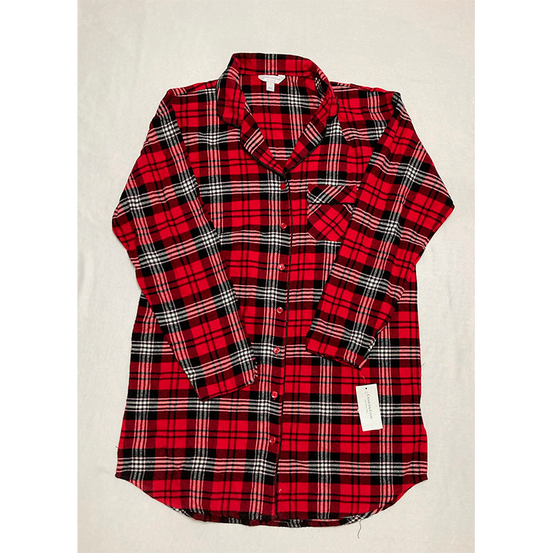 Charter Club Red Notched Collar Curved Hem Nightshirt Plaid S