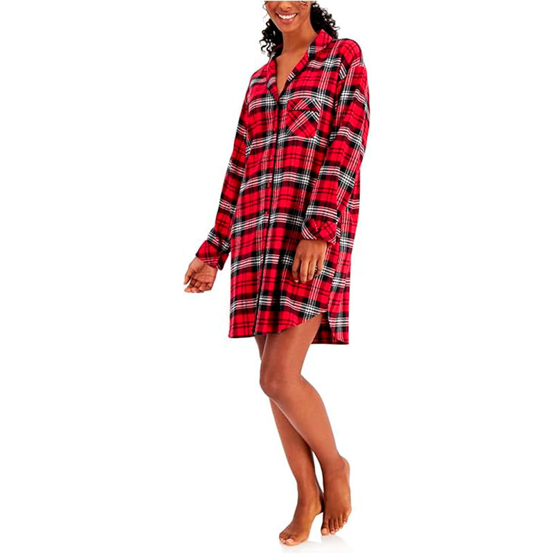 Charter Club Red Notched Collar Curved Hem Nightshirt Plaid S