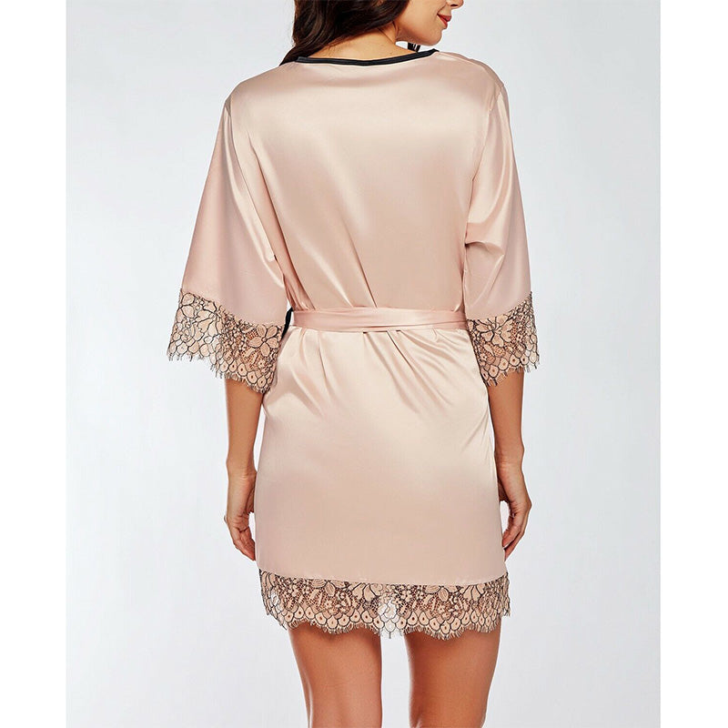 NWD iCollection Contrast-Trim Silky Robe with Eyelash Flower Lace Blush S