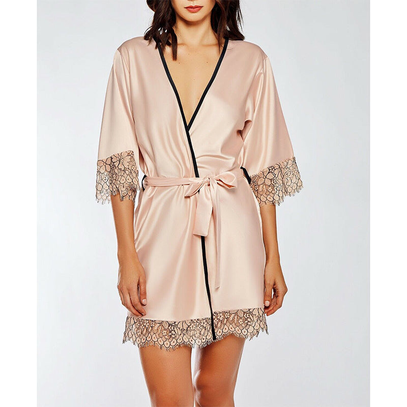 NWD iCollection Contrast-Trim Silky Robe with Eyelash Flower Lace Blush S