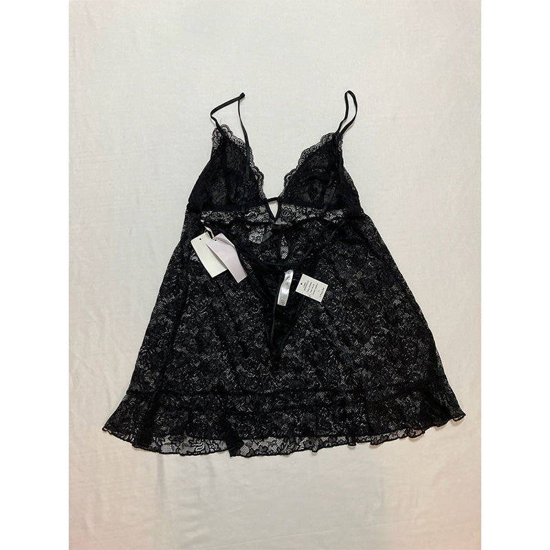 Linea Donatella Lace Babydoll Nightgown & Thong Lingerie Black L