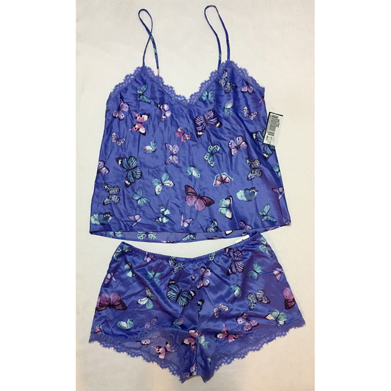 INC Lace-Trim Cami & Shorts Pajama Set Purple Butterfly M