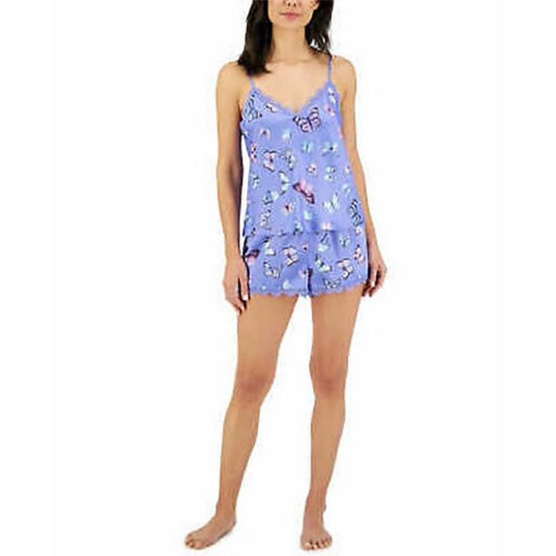 INC Lace-Trim Cami & Shorts Pajama Set Purple Butterfly M