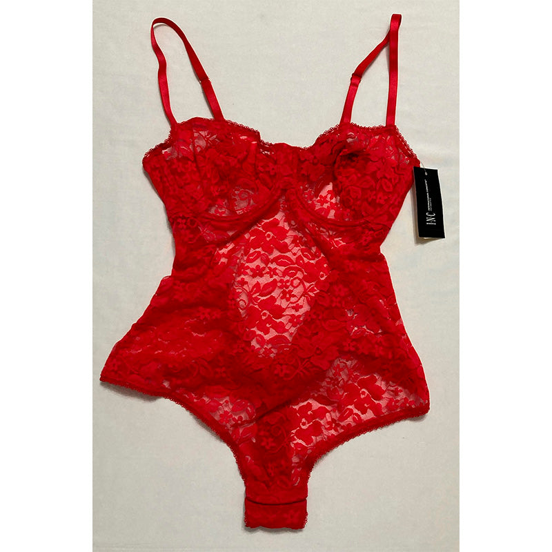 INC Sheer Lace Cup Lingerie Bodysuit Red M