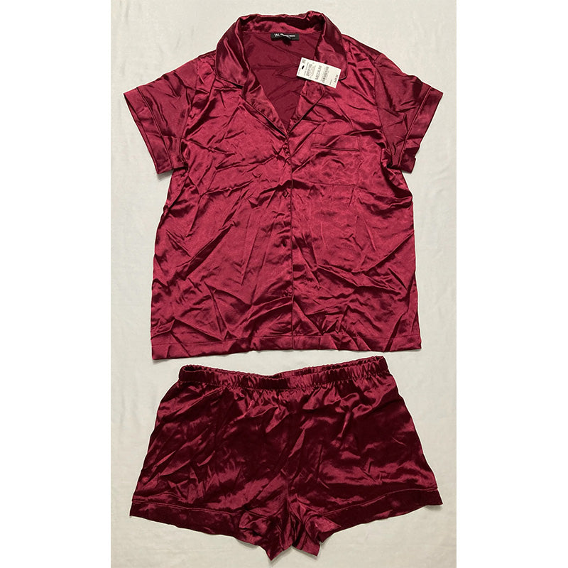 INC Satin Notched Collar Top & Pajama Shorts Burgundy M
