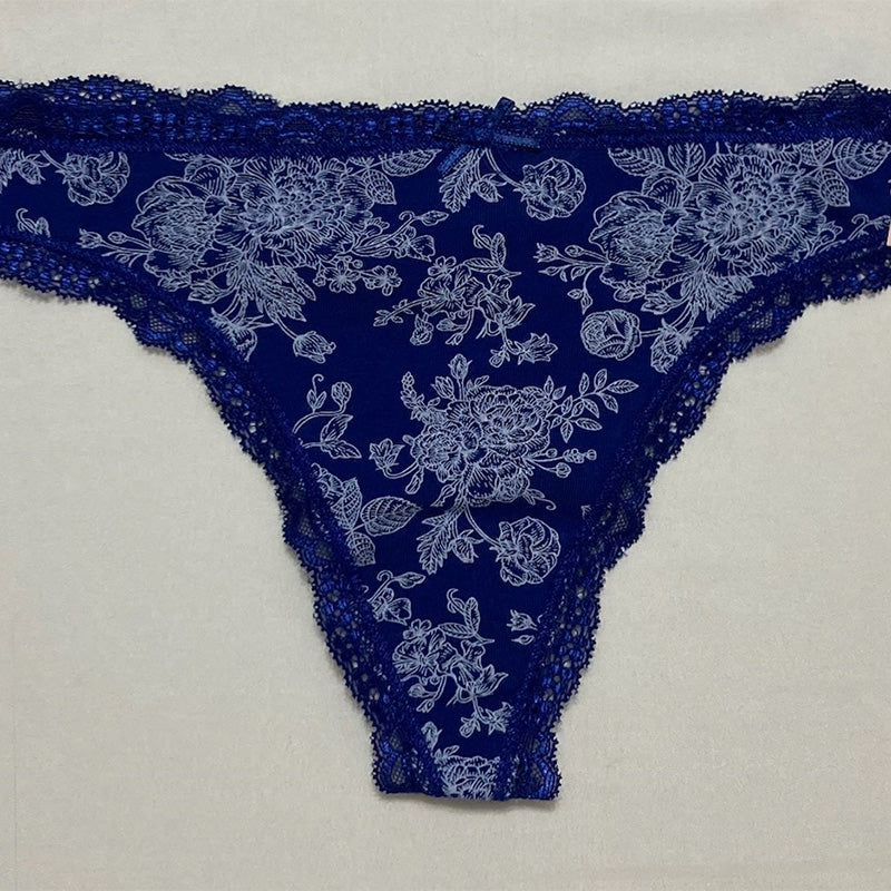 AQUA Intimates Lace Trim Thong Navy Rose Toile S