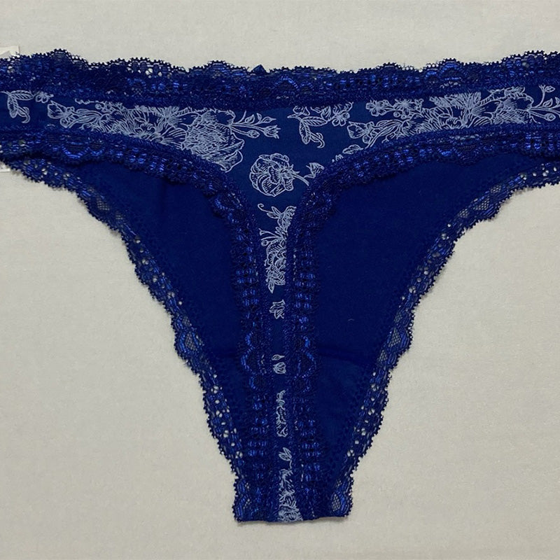 AQUA Intimates Lace Trim Thong Navy Rose Toile S