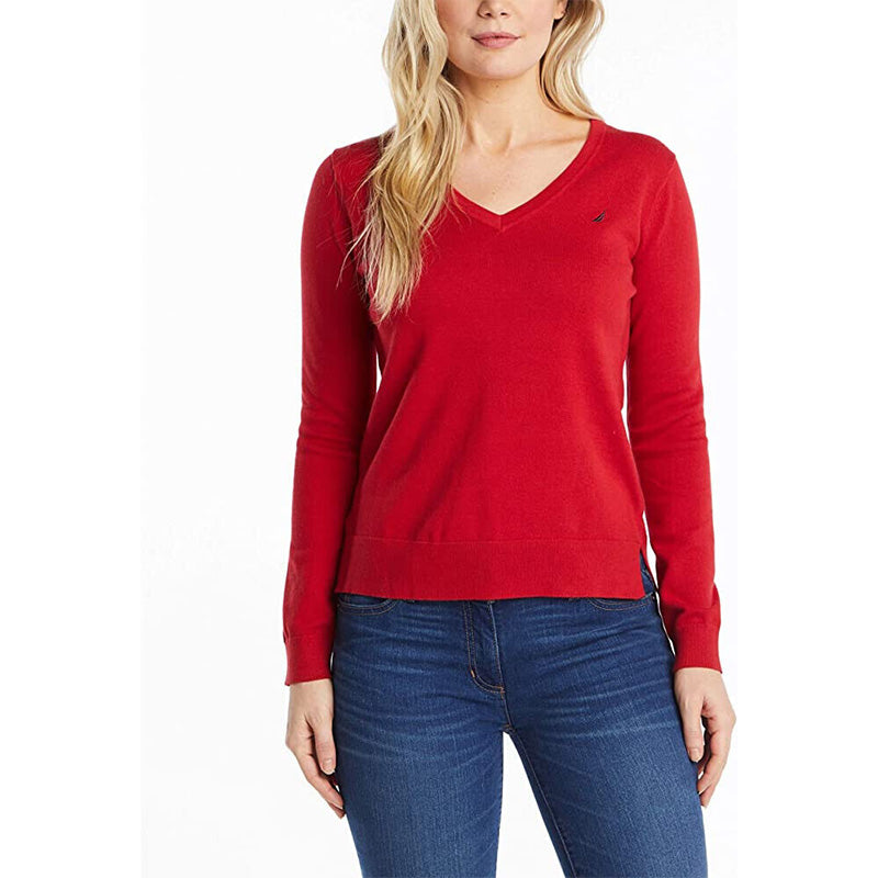 Nautica Effortless J-Class Long Sleeve V-Neck Sweater Red L
