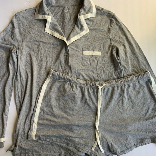 Alfani Contrasting Trim Long Sleeve & Top Pajama Shorts Set, Top M, Bottom L