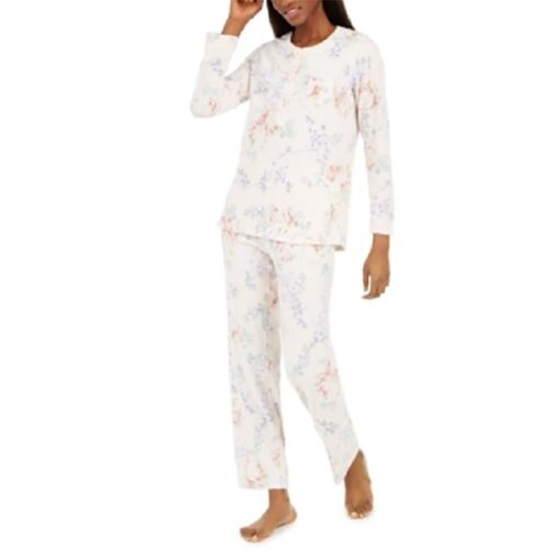 Miss Elaine Floral-Print Brushed Waffle Pajama Set, Top M, Bottom L