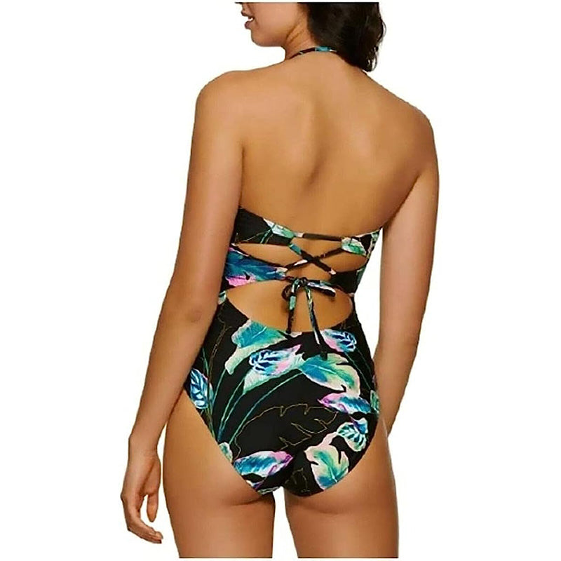 Hula Honey Twisted Palms Printed Cutout One Piece Swimsuit Black Multi S