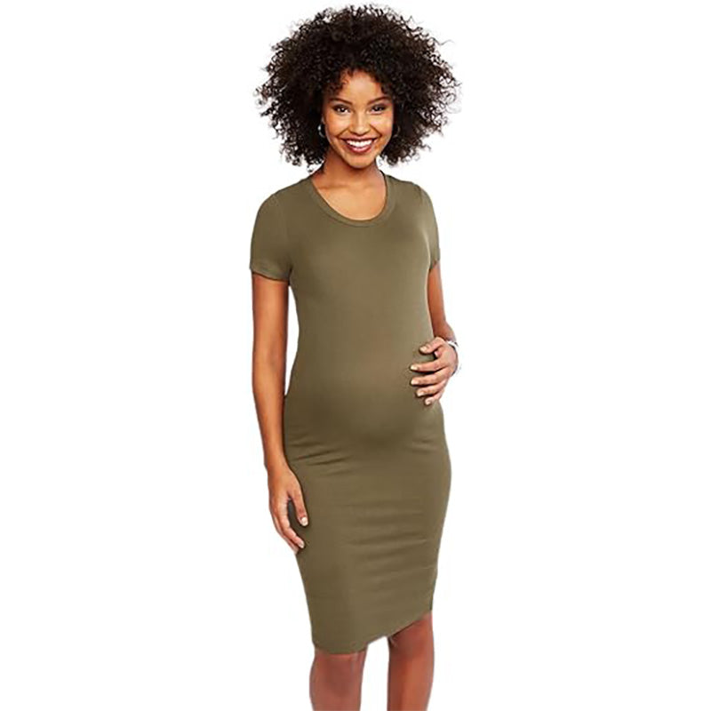 Basic Rib Knit Maternity T-Shirt Dress Green XS