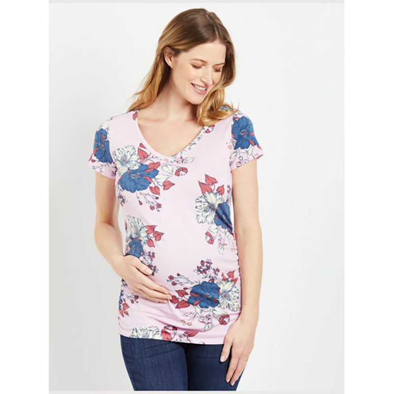 Motherhood Maternity V-Neck Side Ruched Maternity Tee Pink S