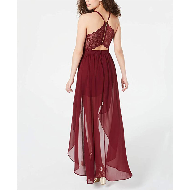 Emerald Sundae Juniors' Lace-Back High-Low Dress Wine L