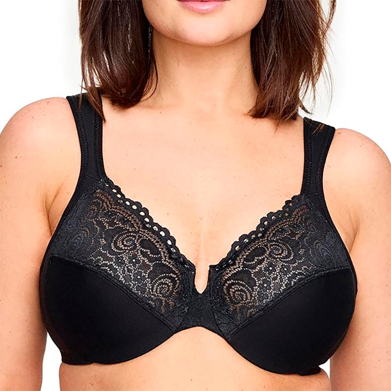 Glamorise Full Figure Low Cut Wonderwire Lace Bra Underwire Black 46B