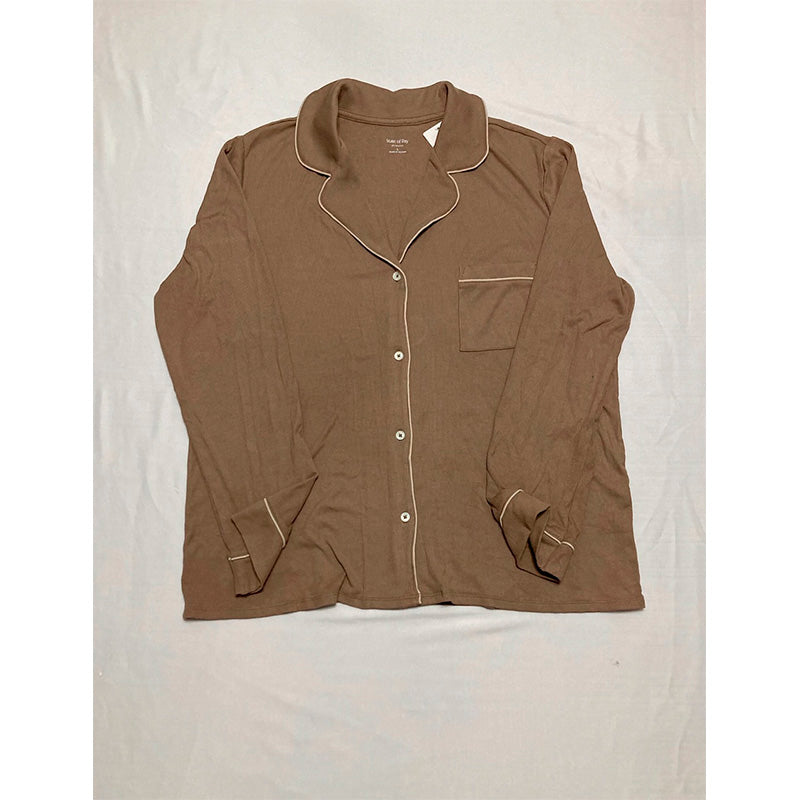 State of Day Women's Ribbed Notched-Collar Pajamas Set Deep BROWN L
